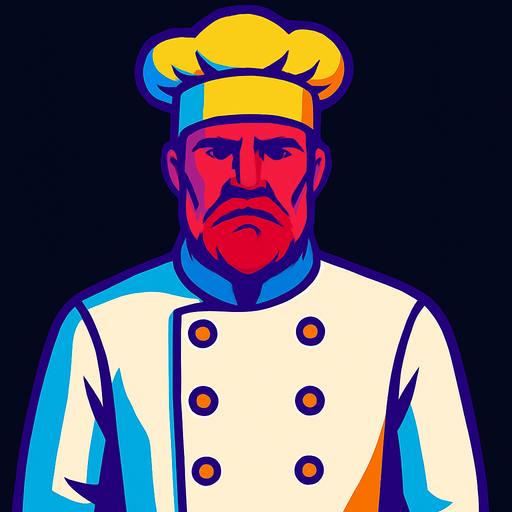 This man with no fishing rod and chefs clothes on, facing forward.