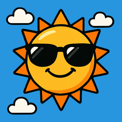 Cielo azul con un sol con lentes de sol.
In-Game asset.  2d.  High contrast.  No shadows