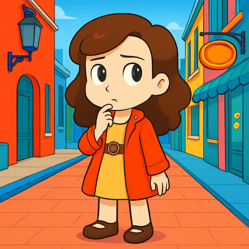 Make her stand still and thinking look on face with finger on her chin