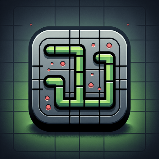 A square app store icon with rounded edges, designed for a hacking game about connecting a line. The icon features a highly angular, pixelated snake-like line in bright green, built from sharp, connected shapes aligned perfectly within a square grid. The snake's angular, segmented design conveys the strategic and technological theme of the game.

The background is a subtle dark gradient, transitioning from deep grey to black, with faint grid lines barely visible to suggest a digital environment. Scattered subtly in the background are tiny red dots, representing bugs, blending seamlessly into the design without overpowering the focus on the snake. The overall look is clean, modern, and sharp, embodying the futuristic and technical essence of the game..
Single Game Texture. In-Game asset. 2d. Blank background. High contrast. No shadows.