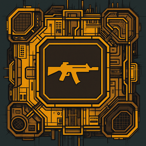 2D Top floor of complicated tower facing the screen to use it as a grid. future. Cyberpunk. abstract. seen from above. HD colors. Yellow & brown colors. No Diagonal assets. Big logo of a Rifle firing on the middle of it.
