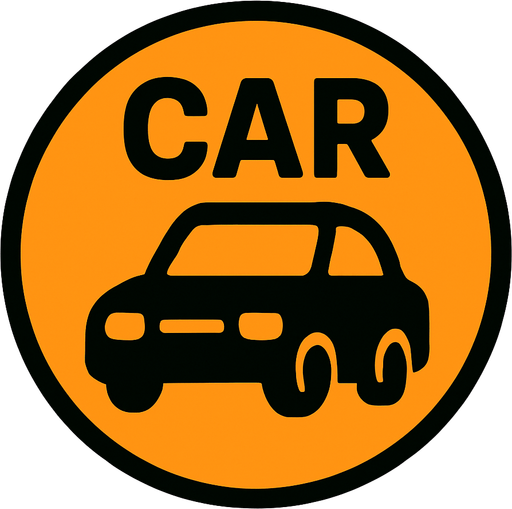 Car yazili araba temali turuncu ve daire bir dugme.
In-Game asset.  2d.  High contrast.  No shadows