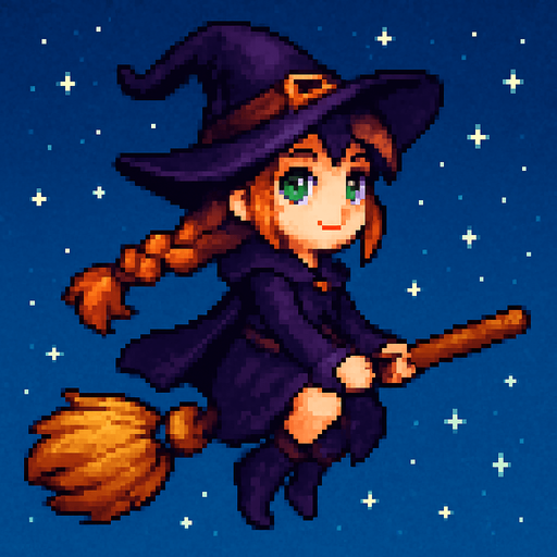 “High-quality 2D pixel art of a witch girl flying on a magic broomstick. She has fair skin, bright green eyes, and long orange braided hair. She is wearing a classic witch hat and outfit. She is sitting sideways on the broom (her body facing the viewer, but her head turned to look forward in the direction of flight). The background is a clear sky or night sky with stars. The art should have a magical, whimsical feeling with detailed shading and vibrant colors.”.
In-Game asset.  2d.  High contrast.  No shadows