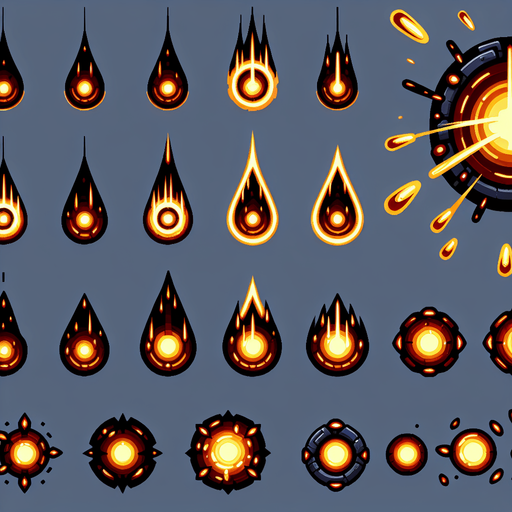 A sprite sheet of energy projectiles. Dark orange projectiles tear shaped with yellow energy core.
Single Game Texture. In-Game asset. 2d. Blank background. High contrast. No shadows.