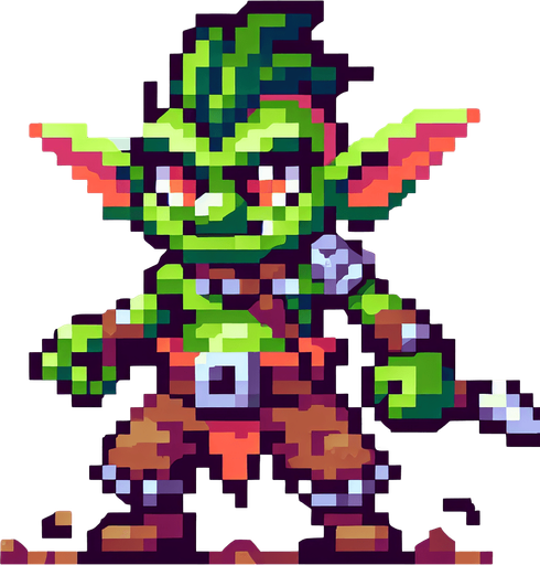 2d pixel goblin.
Single Game Texture. In-Game asset. 2d. Blank background. High contrast. No shadows.