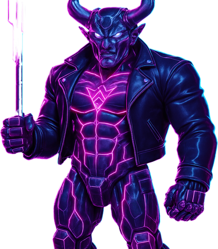 Black leather biker jacket longsleeves bare segmented neon cyberpunk pecs abs muscles robot monster hunk Neon cyberpunk 3d hologram corporate occult demon android mecha robot sentinel guard soldier machine monster fully in frame no part cut off no background anime futuristic