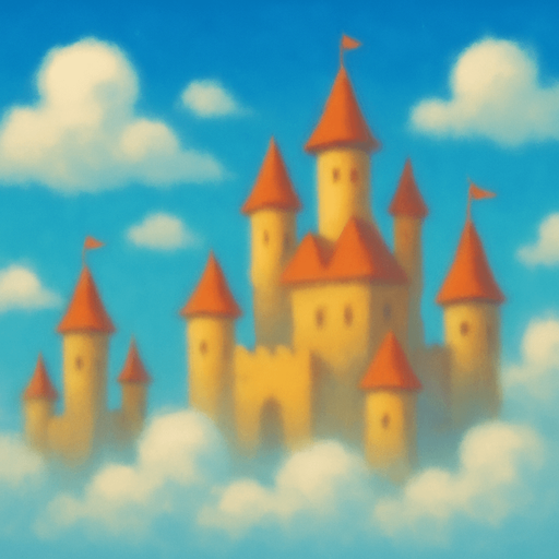 cielo con castillos y nubes de fondo, que se vea borroso.
In-Game asset.  2d.  High contrast.  No shadows