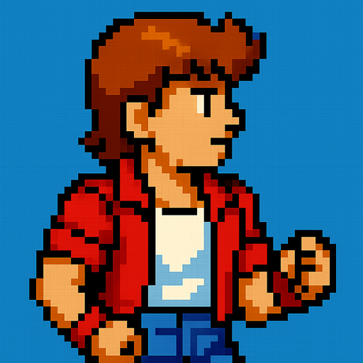 A human character, player from an arcade retro game, looking like in the 80s 90s, hair, male, looking right, pixel style.
In-Game asset.  2d.  High contrast.  No shadows