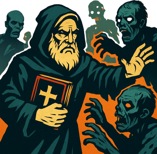 A background image (wallpaper) representing an old prophet-like man with white hair and beard, wearing a priest's robe (hooded) and holding a holy book (christianity, cross) in his hand, fighting against zombies..
In-Game asset.  2d.  High contrast.  No shadows