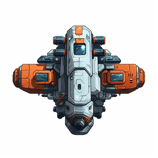 Hero spaceship facing upwards, with a single cannon in the center.
Game Texture. In-Game asset. 2d. Pixelart. White background. Blank background. Low detail. High contrast.