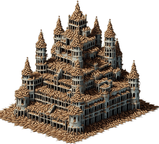 a castle made out of fleas.
Single Game Texture. In-Game asset. 2d. Blank background. High contrast. No shadows.