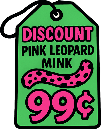 green price tag that says discount pink leopard mink 99 cents!
In-Game asset.  2d.  High contrast.  No shadows