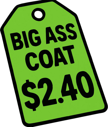 Green Discount price tag that says Big ass coat $2.40.
In-Game asset.  2d.  High contrast.  No shadows