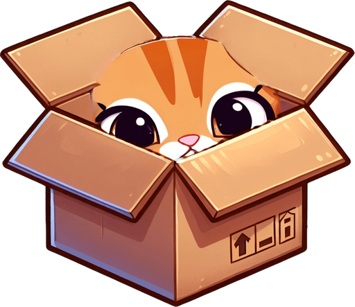 cute Chibi ginger cat look from the box into the camera. Cheeky, happy.