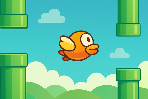 Fullscreen modern App Store landscape banner, 16:9, high definition, for a game titled "Flappy Bird" and with the description "Control a bird through pipe obstacles by tapping to flap and avoid crashing. Simple controls, challenging gameplay.". No text on banner!