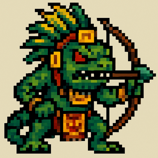 Genérame una Iguana Verde guerrero azteca con eso patrones, estilo pixelar, con una apariencia maligna, ojos rojos, rabioso. Unidad a distancia, con un arco o cerbatana. Animal.
In-Game asset.  2d.  High contrast.  No shadows