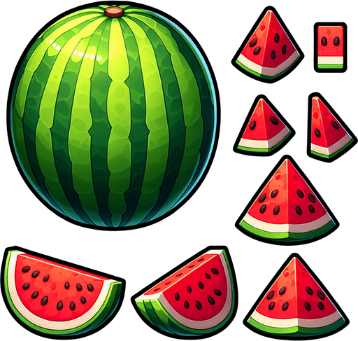 A watermelon and some pieces of watermelon.
Single Game Texture. In-Game asset. 2d. Blank background. High contrast. No shadows.