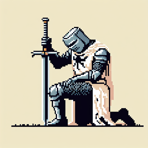 Create an 8-bit pixelated image of a defeated Knight Hero, kneeling with his head down in sorrow. He grips his sword with both hands, its tip resting in the ground. this represents the game over image for a retro video game.
Single Game Texture. In-Game asset. 2d. Blank background. High contrast. No shadows.
