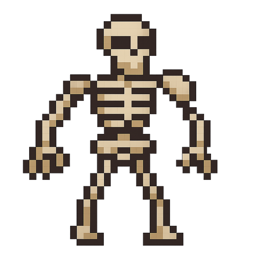 pixelart skeleton. No background. Transparent background. Blank background. No shadows. 2d. In-Game asset. flat