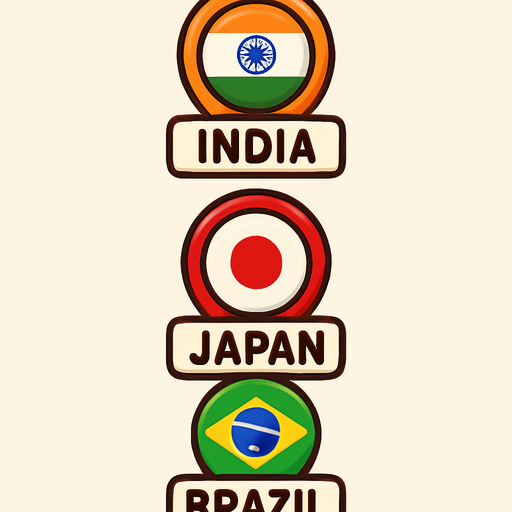 A flat, 2D game UI-style asset showing a vertical set of three country pins labeled: "India", "Japan", and "Brazil". Each pin includes a circular flag icon above the text label. The layout is columnar, cartoonish, and visually clean. Each pin should be exportable or usable individually for a mobile game's level selection screen..
In-Game asset.  2d.  High contrast.  No shadows