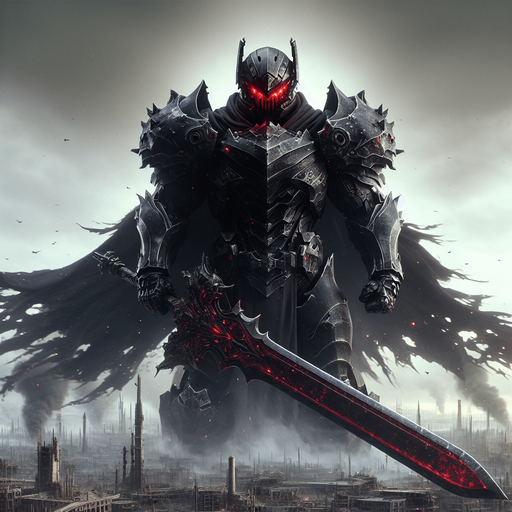 {
 "A dark and intimidating enemy, standing tall in a futuristic battlefield. They wear black, heavy armor, with glowing red eyes visible through a helmet. The background shows a war-torn city, with smoke rising from ruined buildings. The enemy holds a large, menacing sword, ready for battle. Their posture is aggressive, exuding power and malice. The atmosphere is tense, with a sense of impending doom.".
Single Game Texture. In-Game asset. 2d. Blank background. High contrast. No shadows.