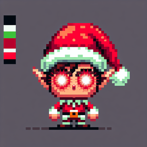 16 bit sprite of a red eyed christmas elf Single Game Texture. In-Game asset. 2d. Blank background. High contrast. No shadows.