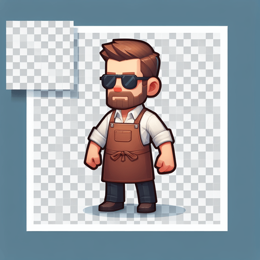 sakallı ve az bıyıklı  güneş gözlüklü 26 lı yaşlarda bir beyefendi ayak üstünde dursun üzerinde önlük olsun.
Single Game Texture.  In-Game asset.  2d.  Blank background.  High contrast.  No shadows