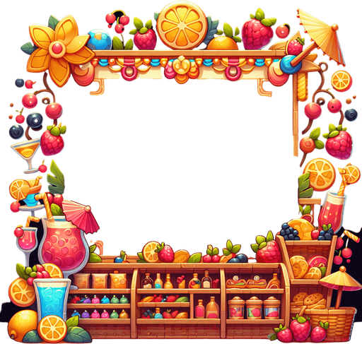 A fullscreen background gui element for an in-game shop. It should be mostly blanks space, but along the edges there could be some structure or decorative vines and items, mostly related to fruits, berries, cocktails in a summer theme..
Single Game Texture. In-Game asset. 2d. Blank background. High contrast. No shadows.