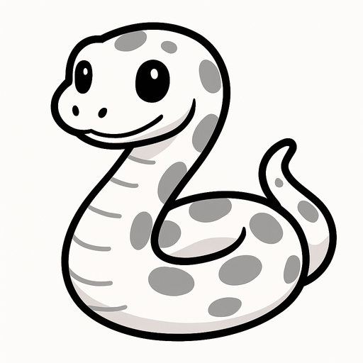 Una serpiente blanca con manchas grises con ojos negros estilo caricatura.
In-Game asset.  2d.  High contrast.  No shadows