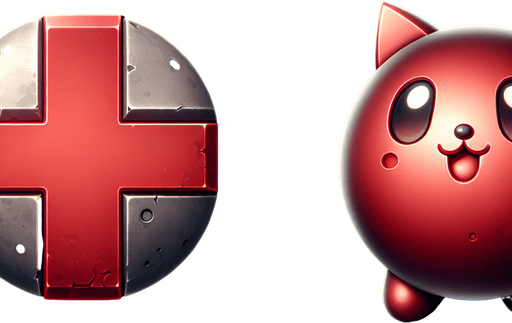 Steel matte finish red plus sign and a cute red character steel.
Single Game Texture. In-Game asset. 2d. Blank background. High contrast. No shadows.