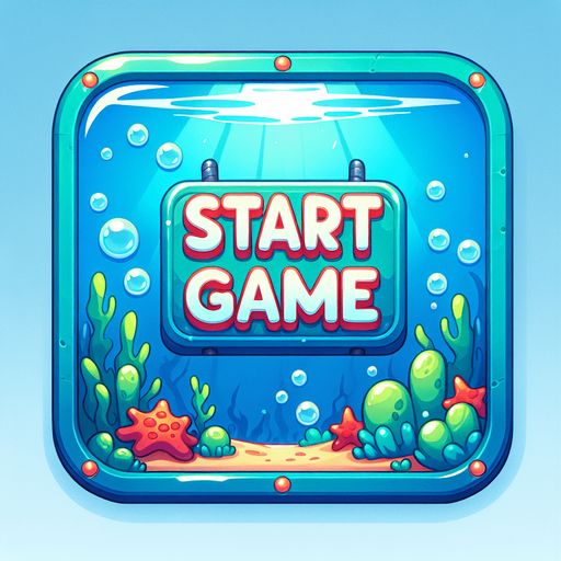 Game start sign. cartoon, shiny, underwater theme. "START GAME".
Single Game Texture. In-Game asset. 2d. Blank background. High contrast. No shadows.