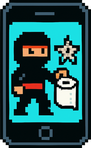 un iphone en pixel art que tenga en la pantalla un ninja con una estrella y un rollo de papel higienico estilo comico.
In-Game asset.  2d.  High contrast.  No shadows