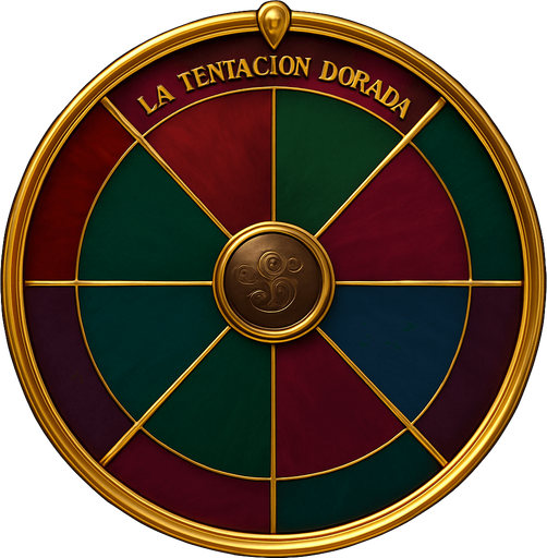 Create a visual asset for a luxury prize wheel base for 'La Tentación Dorada'.

Design:

Shape: Perfect circle.

Sections: 8 clearly divided sections, marked by elegant gold or silver lines.

Colors: Rich, deep casino tones (reds, greens, blues, purples, dark wood/gold).

Center: Decorative element (subtle logo/metallic plate).

Outer Rim: Prominent golden or silver polished rim.

Style: Luxurious, sophisticated prize wheel.

Background: Transparent (wheel only).

Objective: Elegant base for 8 prize placements..
In-Game asset.  2d.  High contrast.  No shadows