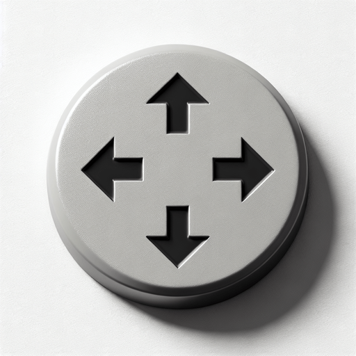top view of a simple concave gray plalstic button with 4 large black directional arrows printed on it..