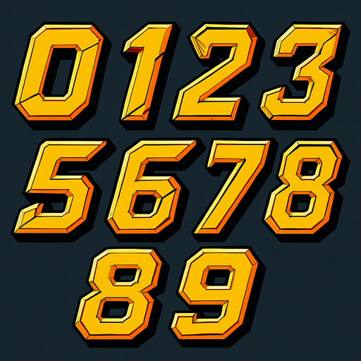 Display icons of Numbers 0 to 9 in SciFi comic style font.
In-Game asset.  2d.  High contrast.  No shadows