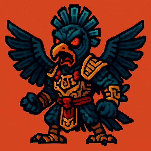 Genérame una Paujil guerrero azteca con eso patrones, estilo pixelar, con una apariencia maligna, ojos rojos, rabioso. Unidad aerea con alas. Animal.
In-Game asset.  2d.  High contrast.  No shadows