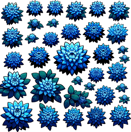A sprite sheet of different blue dahlia seen from above. Cartoon. All similar size. Just the blossom. Bold colors and shading. 
Single Game Texture. In-Game asset. 2d. Blank background. High contrast. No shadows.