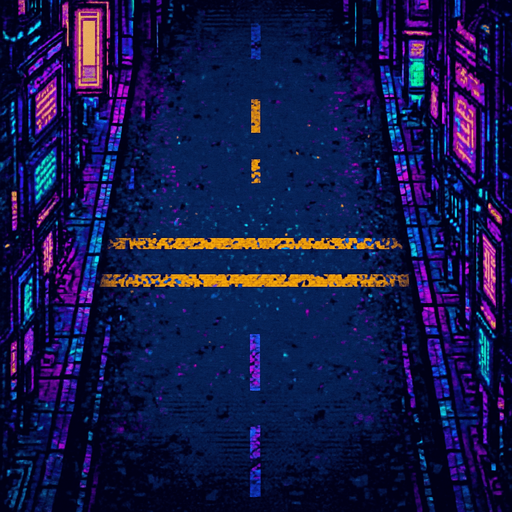 cyberpunk pixel art asphalt street.
In-Game asset.  2d.  High contrast.  No shadows