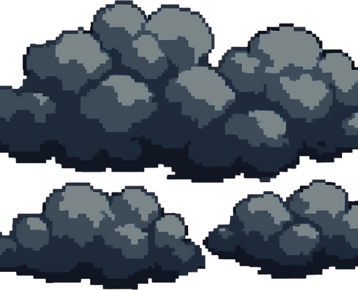 Grandes nubes grises , pixelart.
In-Game asset.  2d.  High contrast.  No shadows