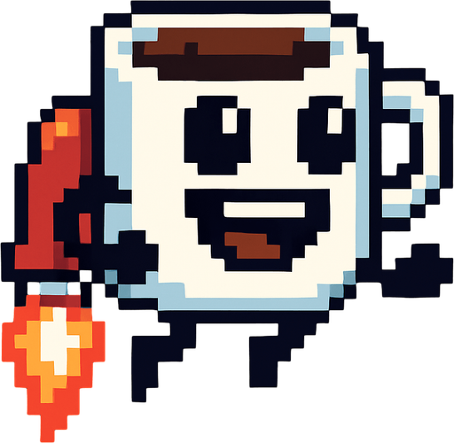 una tasa de cafe caricaturesca de pixeles con un jet pak.
In-Game asset.  2d.  High contrast.  No shadows