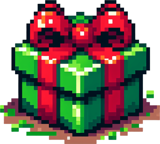 Pixel art of a green christmas present with red ribbons. Single Game Texture. In-Game asset. 2d. Blank background. High contrast. No shadows.
