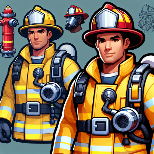 A cartoon firefighter.
Single Game Texture.  In-Game asset.  2d.  High contrast.  No shadows