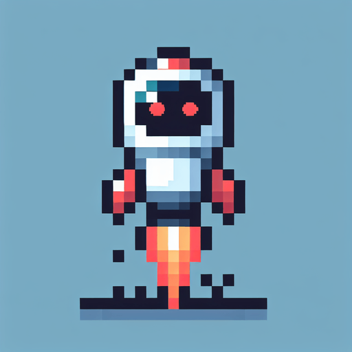 AI robo rocket pointing downward, pixelated. flat. 8 bit..
Single Game Texture. In-Game asset. 2d. Blank background. High contrast. No shadows.