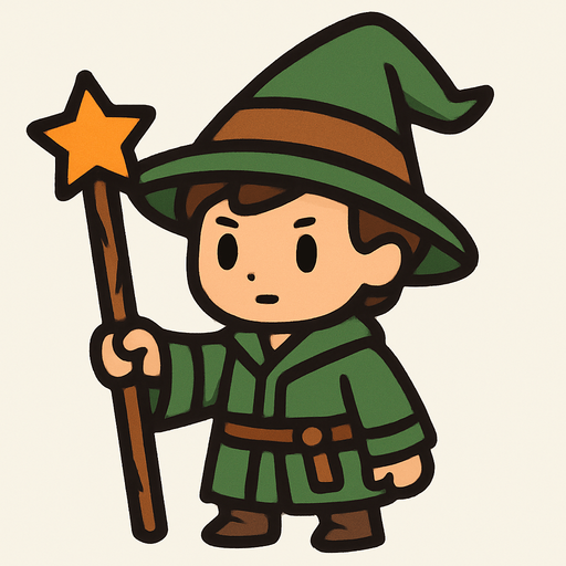 Mago principiante con sombrero verde y marrón.
In-Game asset.  2d.  High contrast.  No shadows