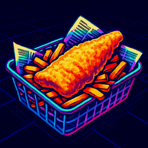 Cooked fish and chips in a newspaper lined basket. Side view. 80s arcade machine graphics..
In-Game asset.  2d.  High contrast