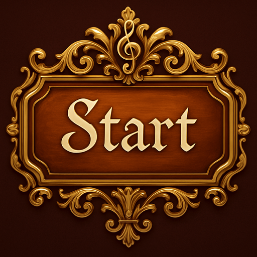 Crea un botón visual para la pantalla de inicio de un videojuego llamado Symphony Siege. El botón debe decir "Start" y estar inspirado en una sala de conciertos clásica y elementos musicales. El diseño debe tener un estilo elegante, ligeramente barroco o sinfónico, con detalles dorados y formas suaves. El texto "Start" debe estar centrado y ser legible, con una tipografía estilizada tipo partitura o manuscrito musical. El fondo del botón debe parecer una tecla de piano brillante o una placa de madera de violín. El contorno puede tener detalles dorados o bronces ornamentales. El botón debe emitir una sensación de majestuosidad y armonía, no modernidad ni minimalismo.
In-Game asset.  2d.  High contrast.  No shadows
