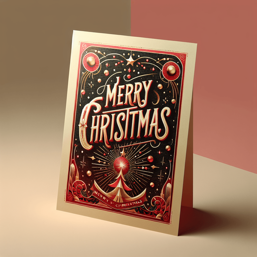 photorealistic red and gold standing and opened postcard with Merry Christmas text