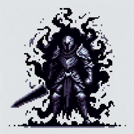 pixel art of an evil fantasy knight. Full body, legs obscured by black mist.
Single Game Texture. In-Game asset. 2d. Blank background. High contrast. No shadows.