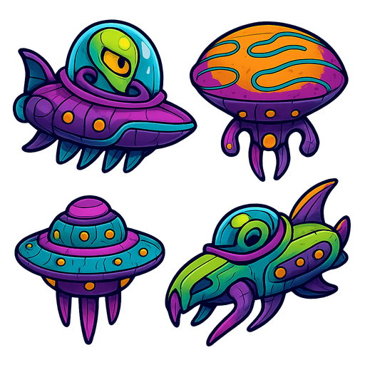 Alien Airships, HD colors.
In-Game asset.  2d.  High contrast.  No shadows