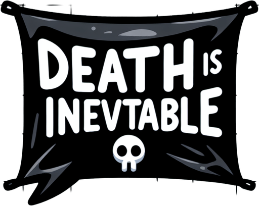 "Death Is Inevitable" Text Bubble Single Game Texture. In-Game asset. 2d. Blank background. High contrast. No shadows.